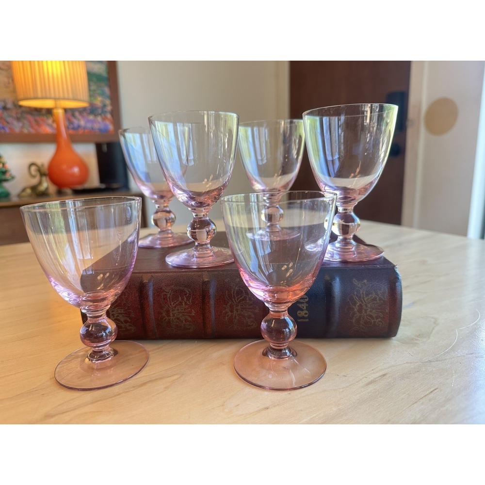 (6) Vintage MCM Pink 4oz Glasses Bar Ware Drinking Liquor Ball Stem Cocktail